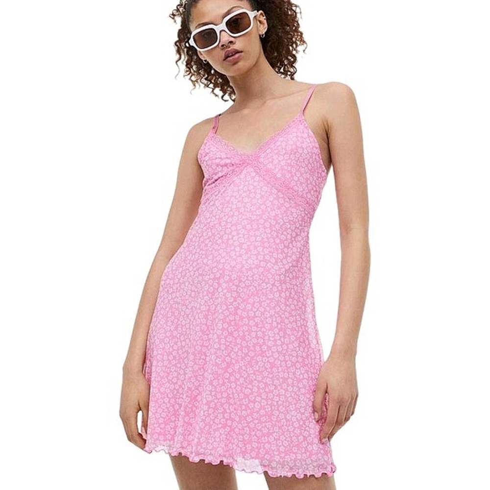 H&M Divided Mini Dress Size‎ XS Pink Floral Mesh Lace Trim Lined Sundress